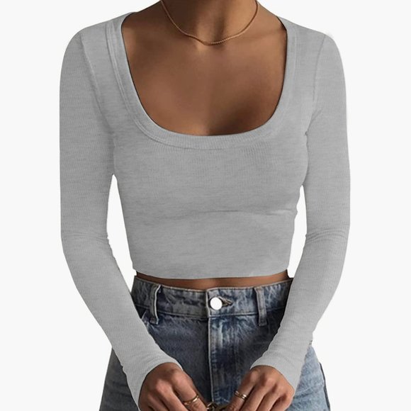Tops - Grey Ribbed Crop Long Sleeve T-Shirt